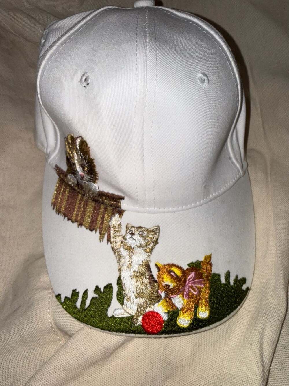 Vintage Kitschy Embroidered Playful Kittens and Yarn White Baseball Cap